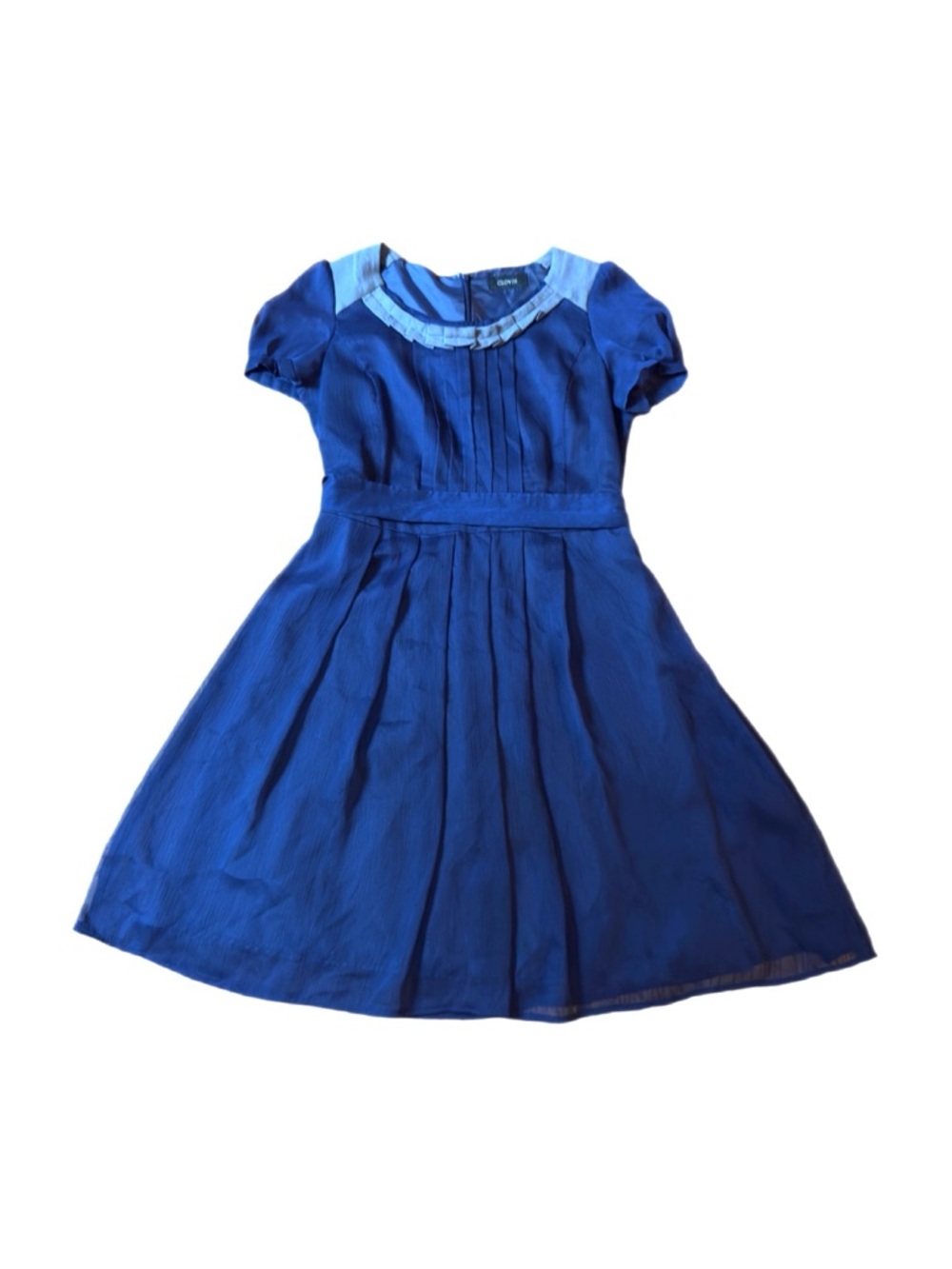 Clovis Blue Chiffon Dress Puff Sleeve Pleated Tie Back Fit Flare Size M